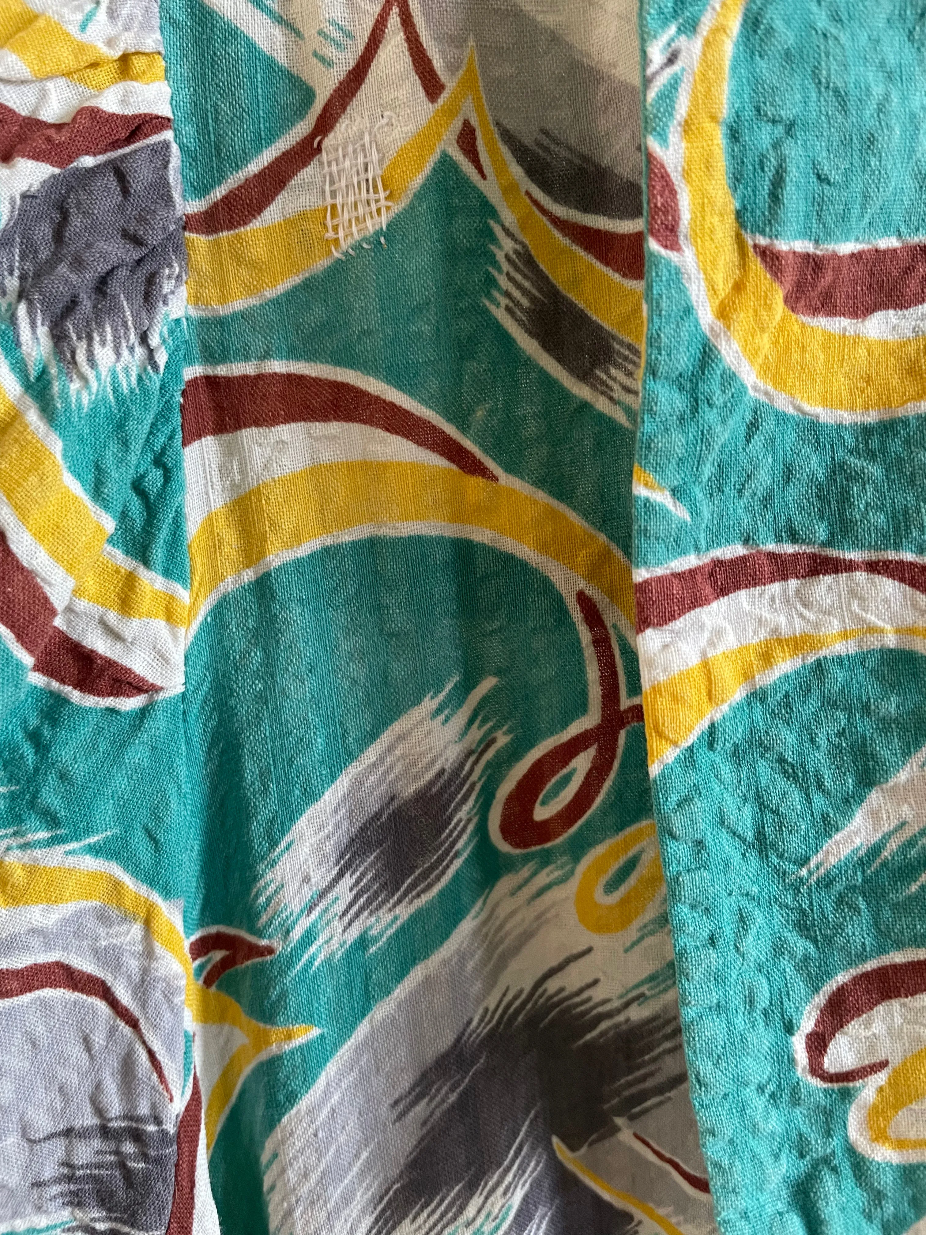 1930s Dagger Collar Abstract Seersucker Wrap Dress
