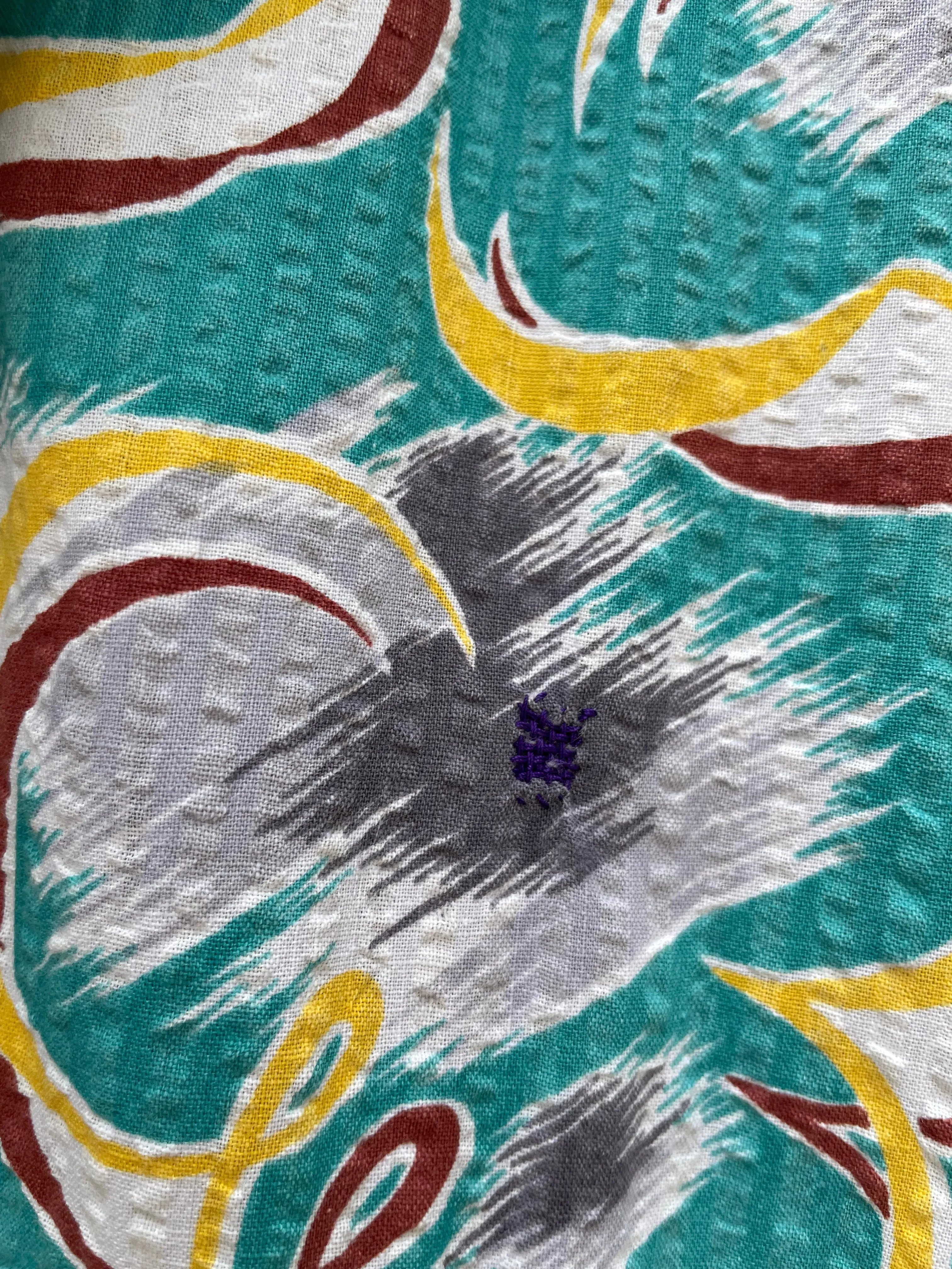 1930s Dagger Collar Abstract Seersucker Wrap Dress