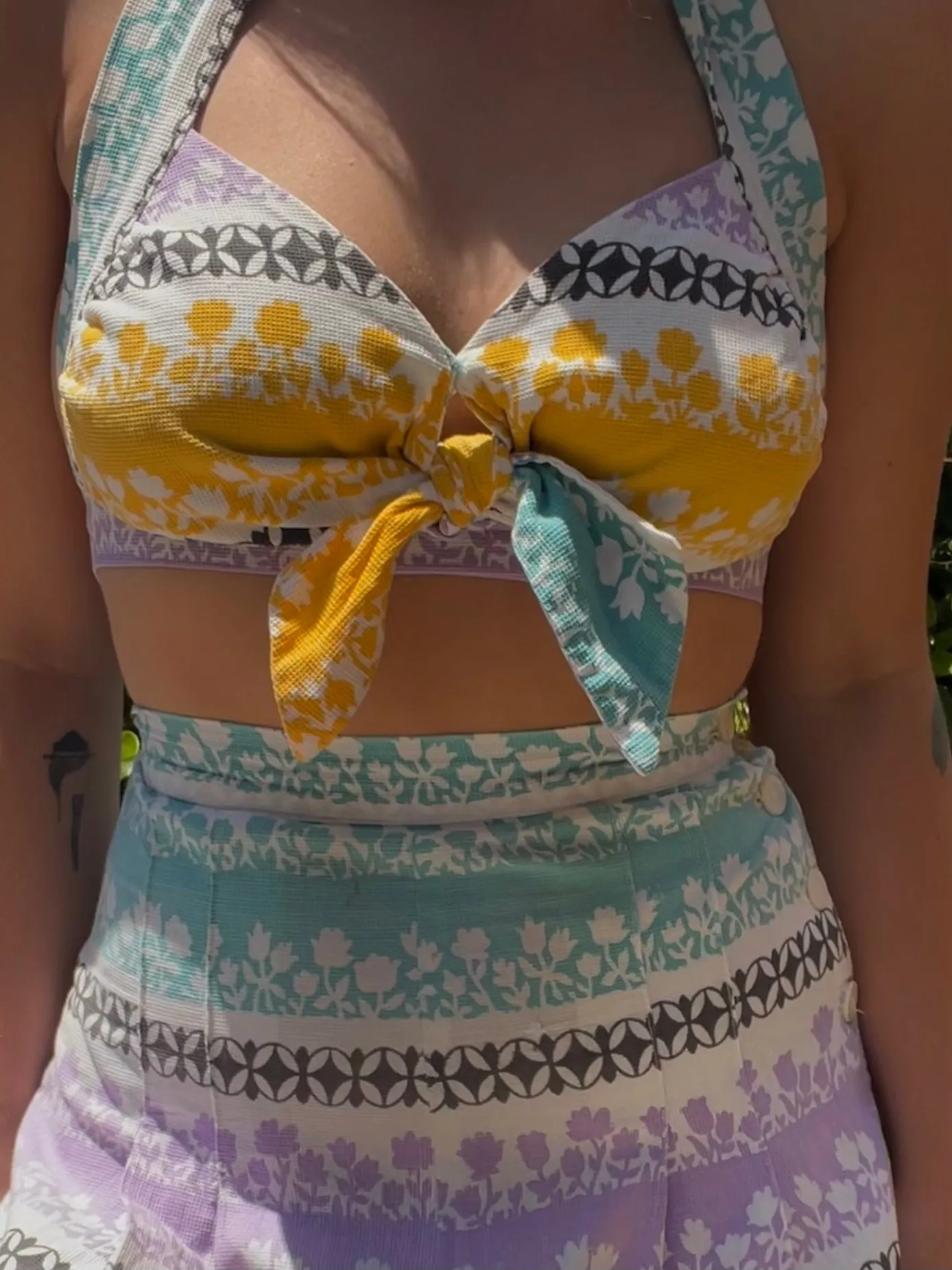 1930s Two Piece Halter/ Shorts Pastel Rowed Floral Cotton Playsuit