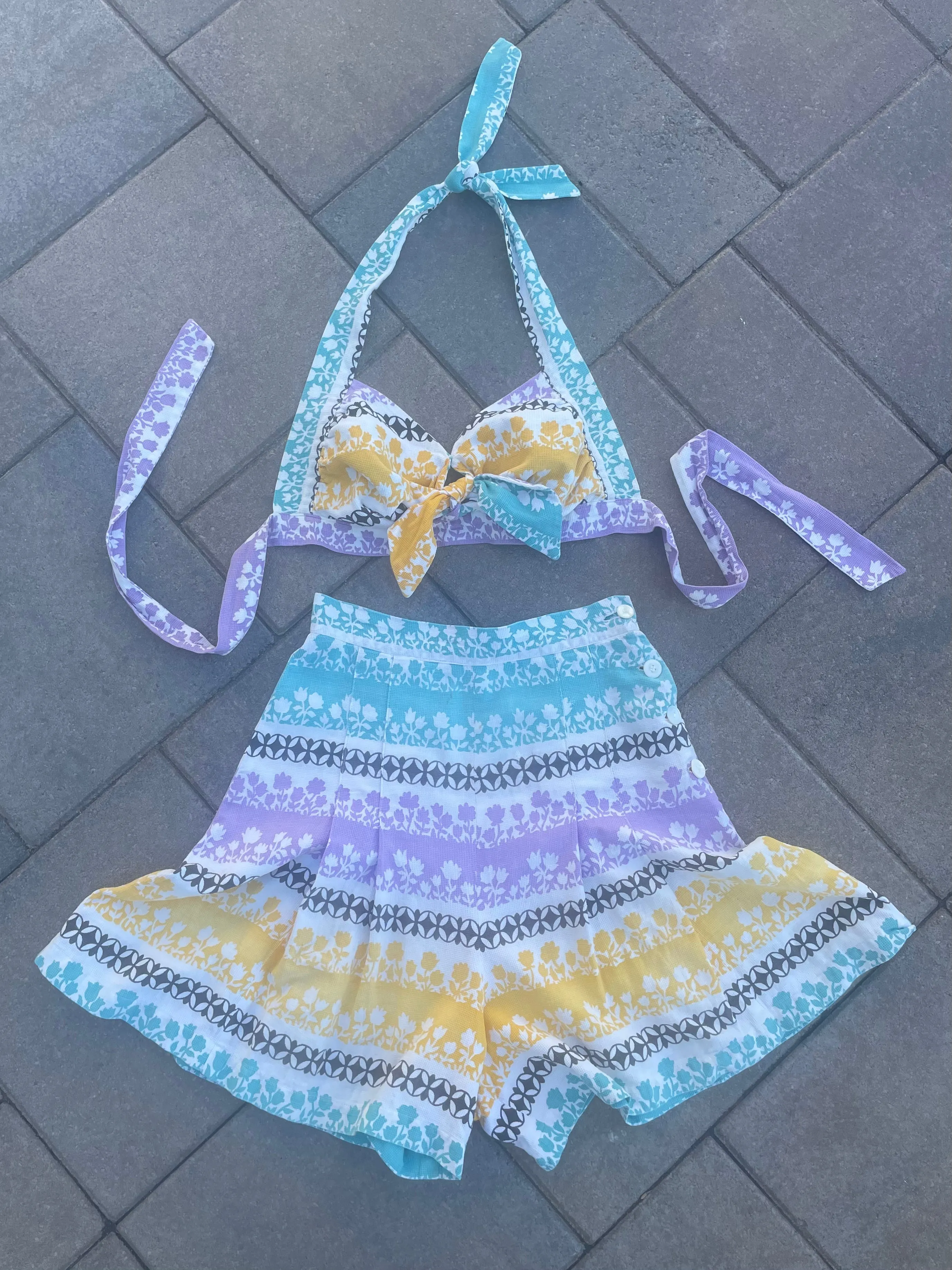 1930s Two Piece Halter/ Shorts Pastel Rowed Floral Cotton Playsuit