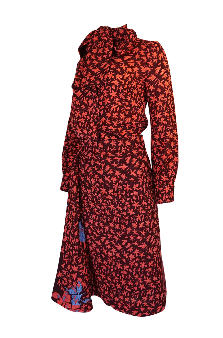 1960s Jean Patou Printed Challis Set w Unusual Skirt Detailing