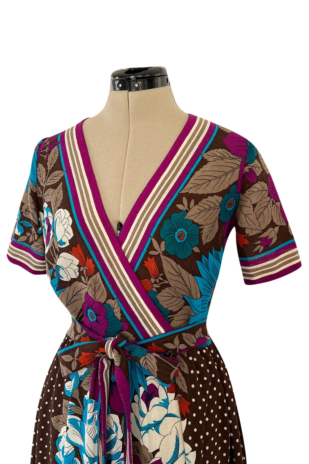 1972 - 1975 Lanvin by Jules-Francois Crahay Purple Brown & Blue Printed Floral Dress