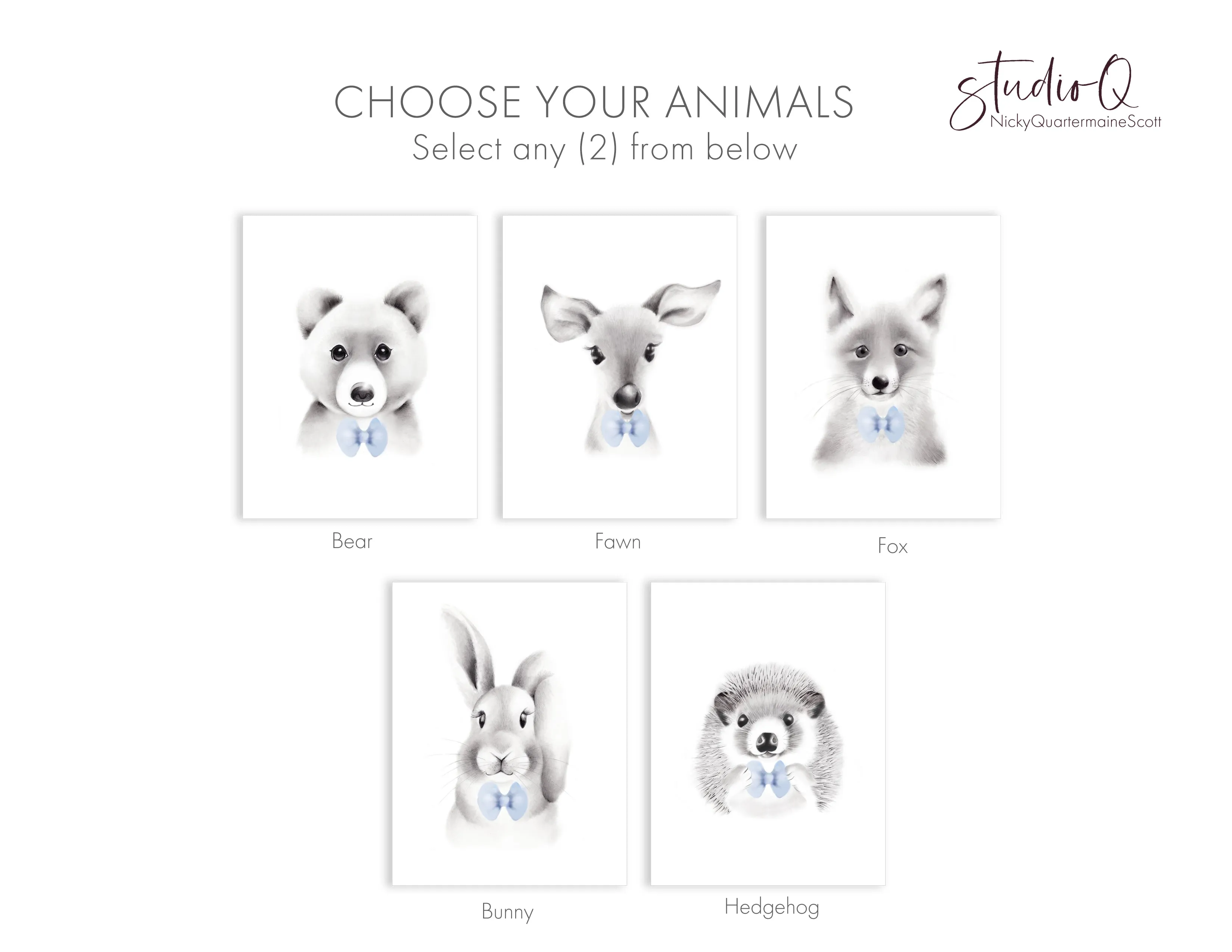 Animal Faces with Bow Ties - Art Prints - Set of 2