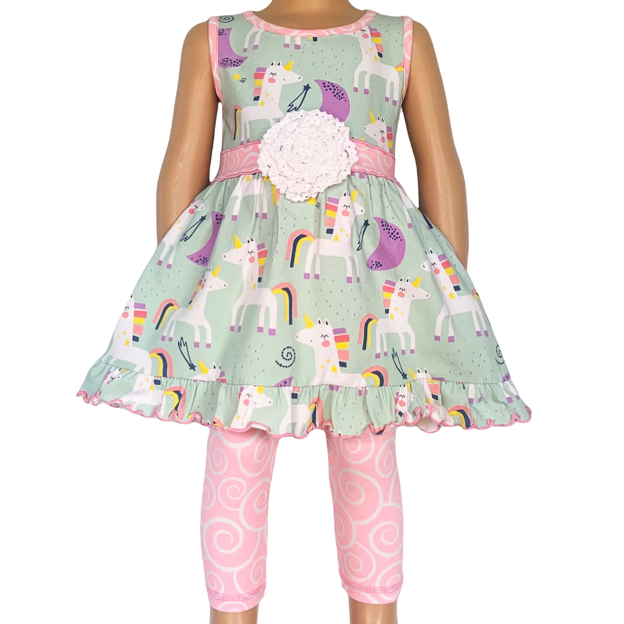 AnnLoren Girls Unicorns Rainbow Dress & Pink Swirl Leggings Outfit
