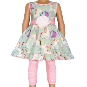 AnnLoren Girls Unicorns Rainbow Dress & Pink Swirl Leggings Outfit