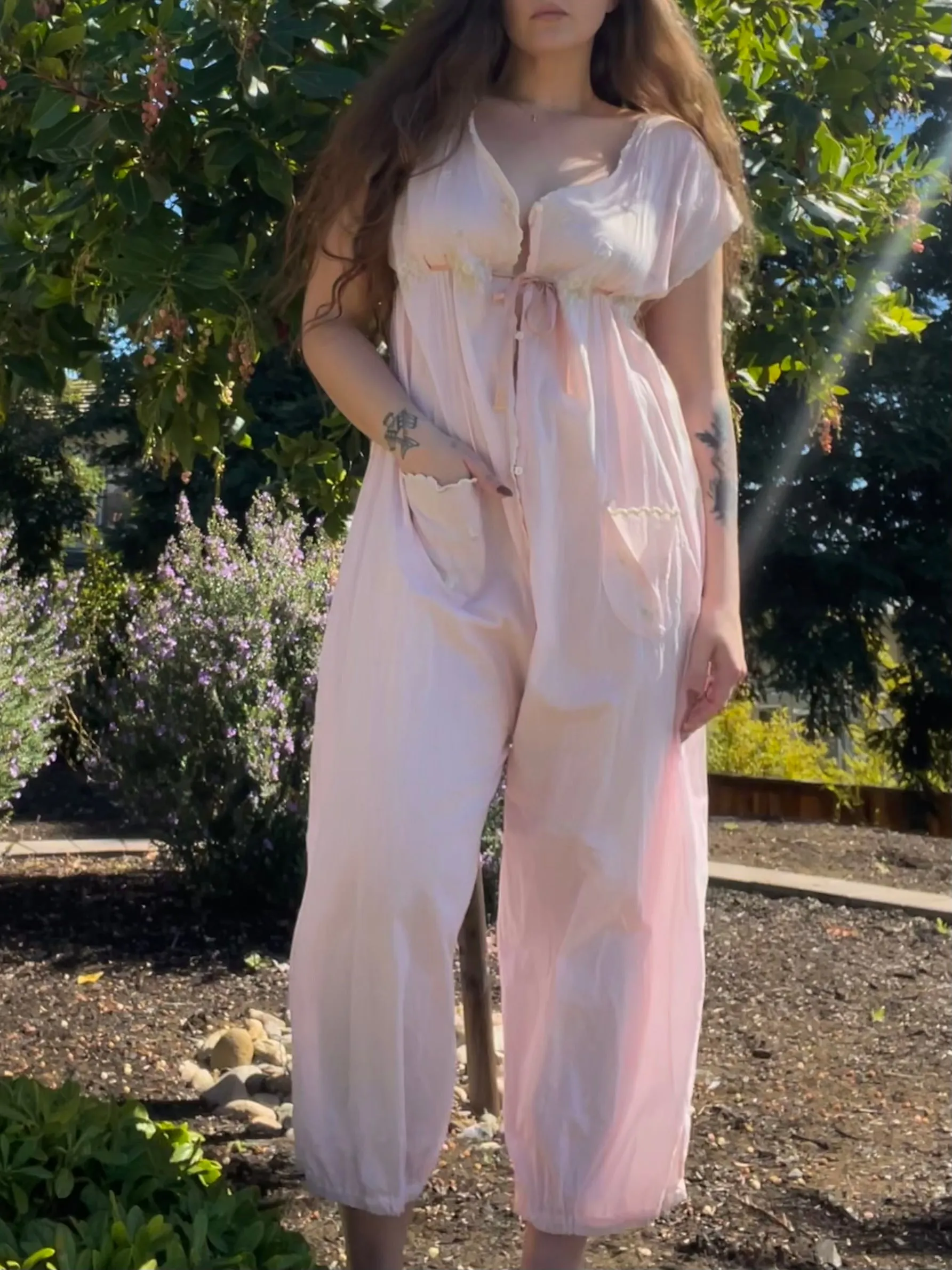 Antique Edwardian Pale Pink Floral Embroidered Cotton Boudoir Jumpsuit