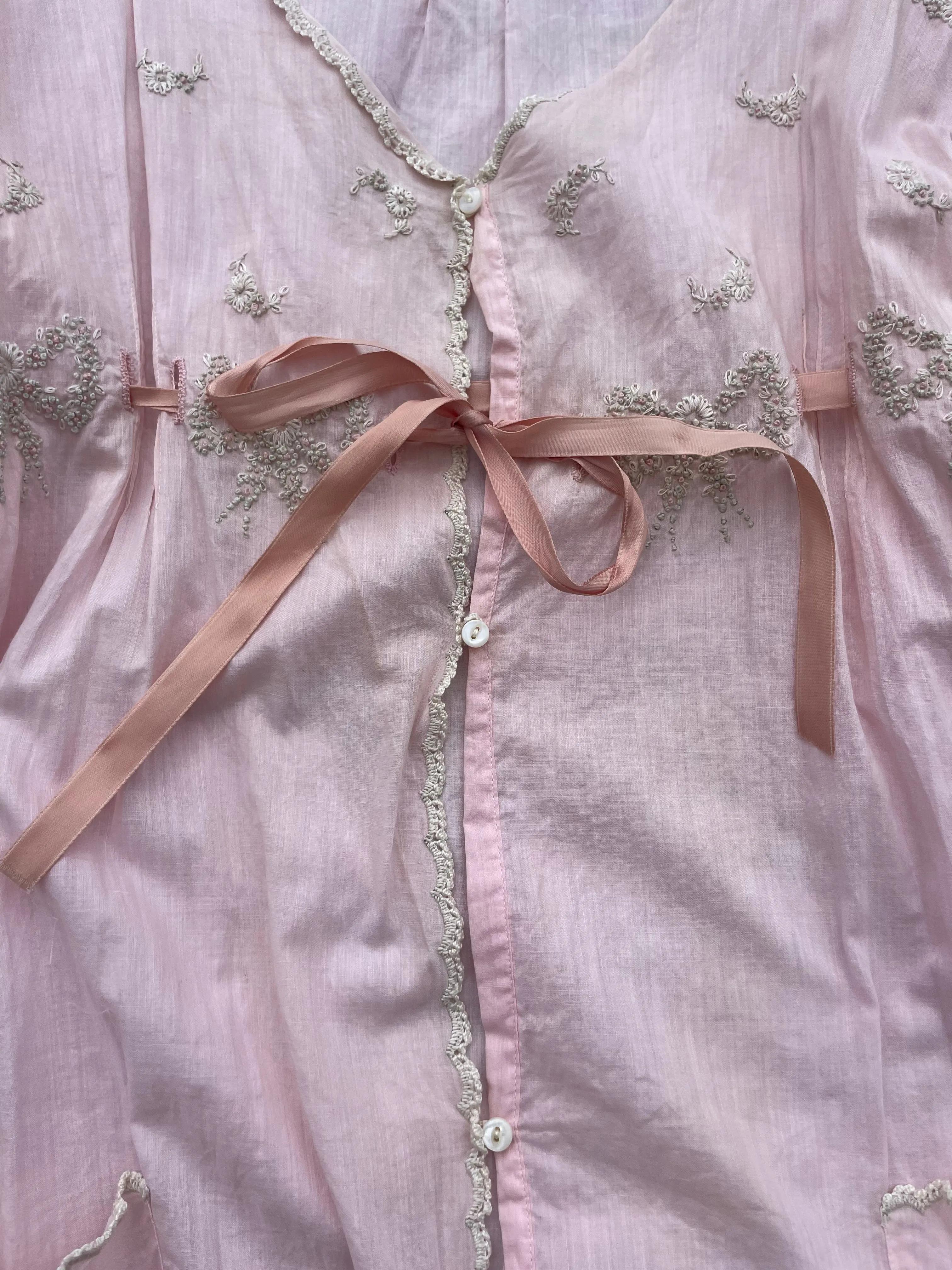 Antique Edwardian Pale Pink Floral Embroidered Cotton Boudoir Jumpsuit