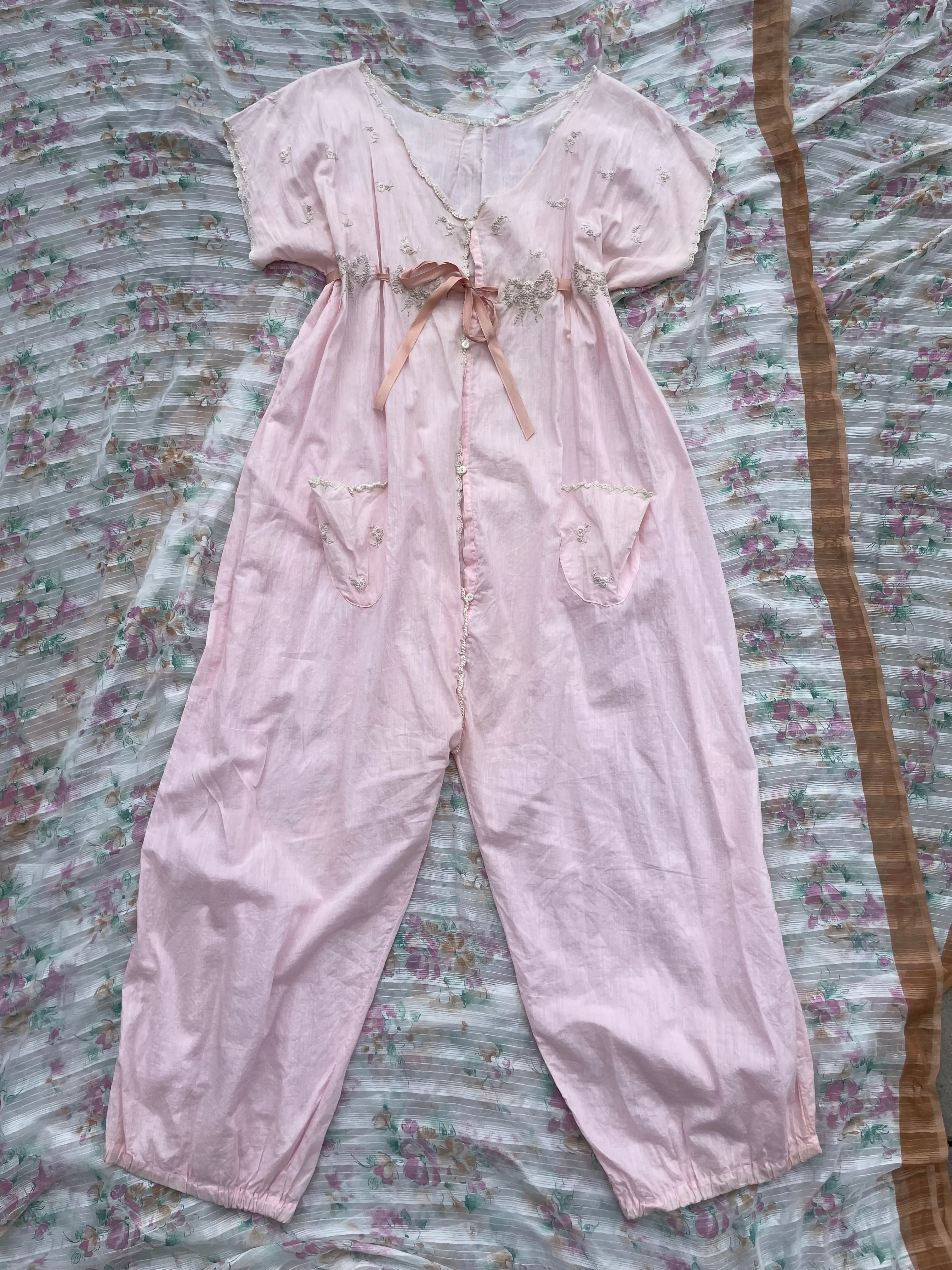 Antique Edwardian Pale Pink Floral Embroidered Cotton Boudoir Jumpsuit