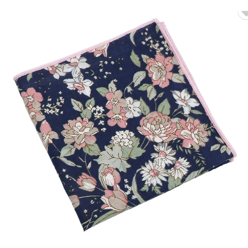 Arthur Navy Blue Pre-Tied Wool Bow Tie and Blue & Pink Floral Cotton Pocket Square Set