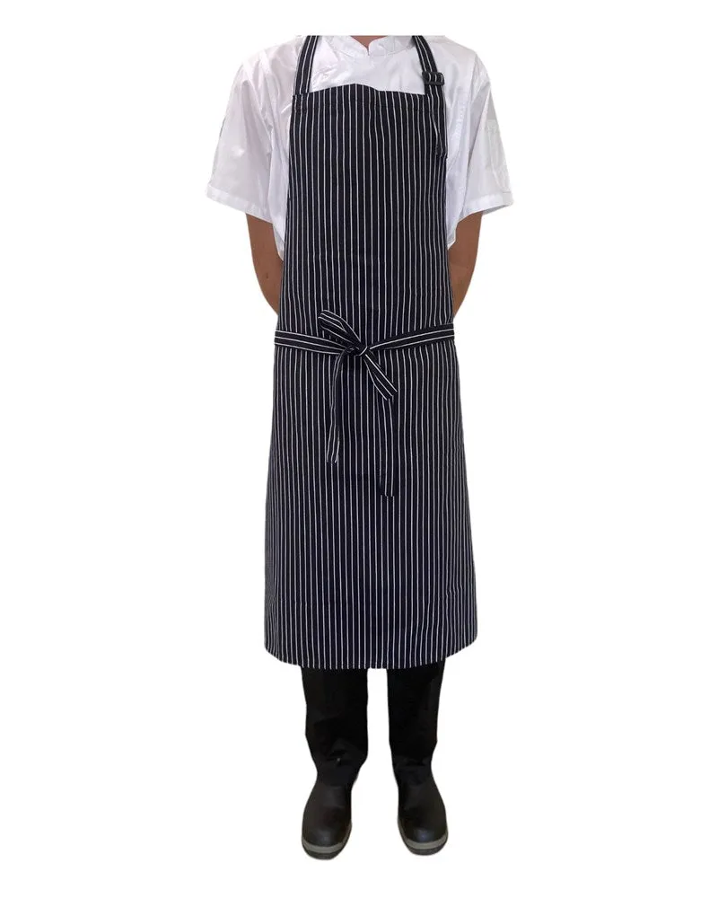 B&W Pin Stripe FULL Length Chefs Bib Apron (Adjustable Neck)