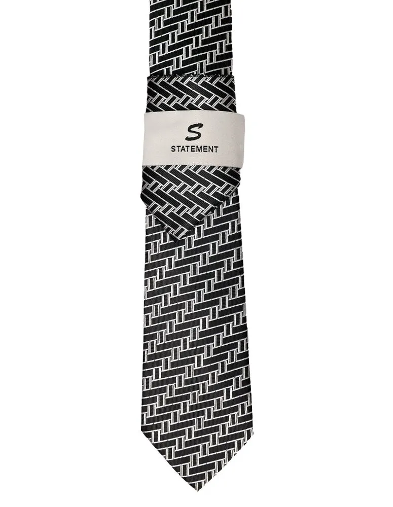 BLACK GEO 2 PC TIE & HANKIE SET