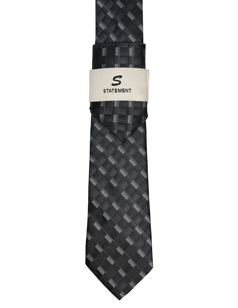 BLACK GEO PLAID 2 PC TIE & HANKIE SET