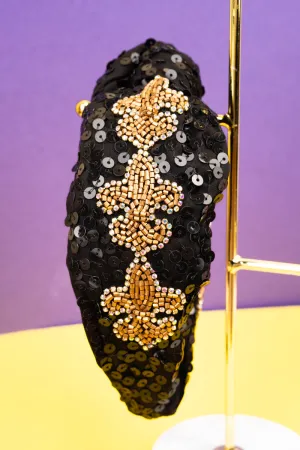 Black Pass The Beads Fleur De Lis Sequin Knotted Headband
