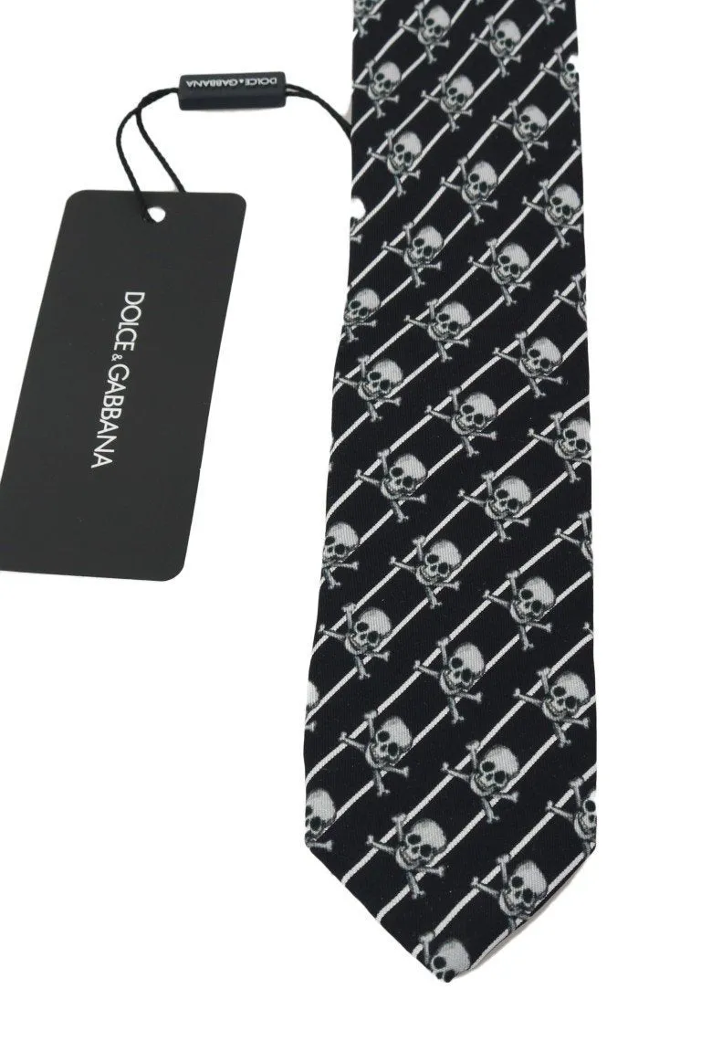 Black Silk Skull Print Striped Tie