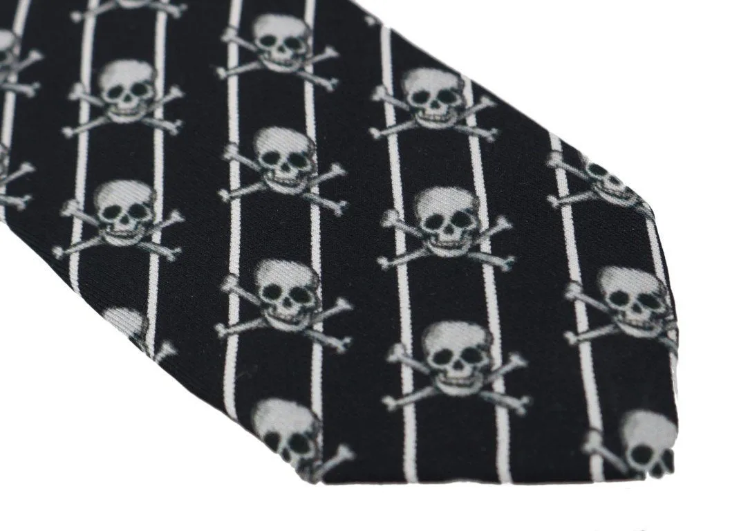 Black Silk Skull Print Striped Tie