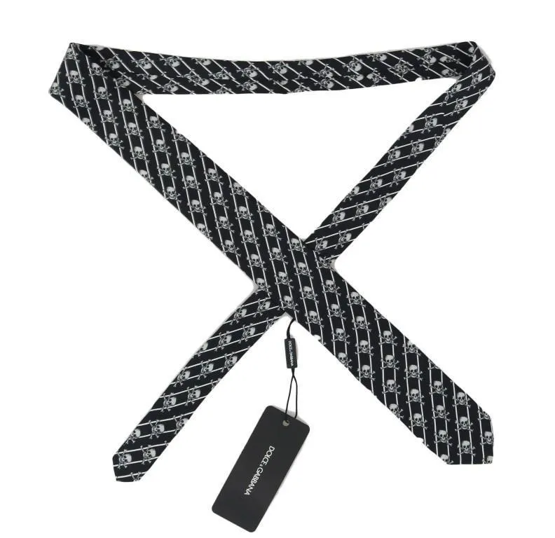 Black Silk Skull Print Striped Tie