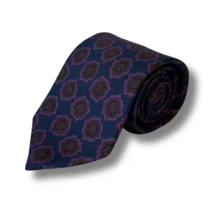 Blue & Purple Geo Motif Printed Silk Tie Hand Finished