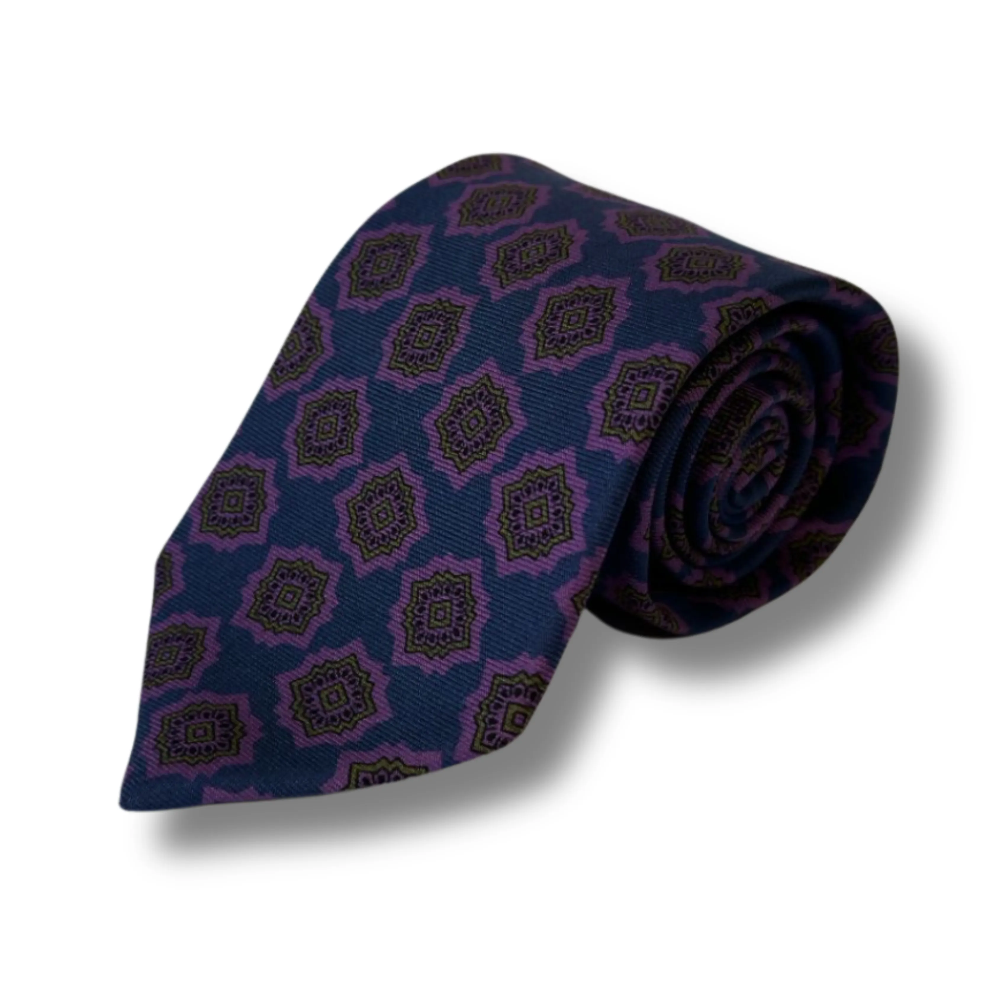 Blue & Purple Geo Motif Printed Silk Tie Hand Finished