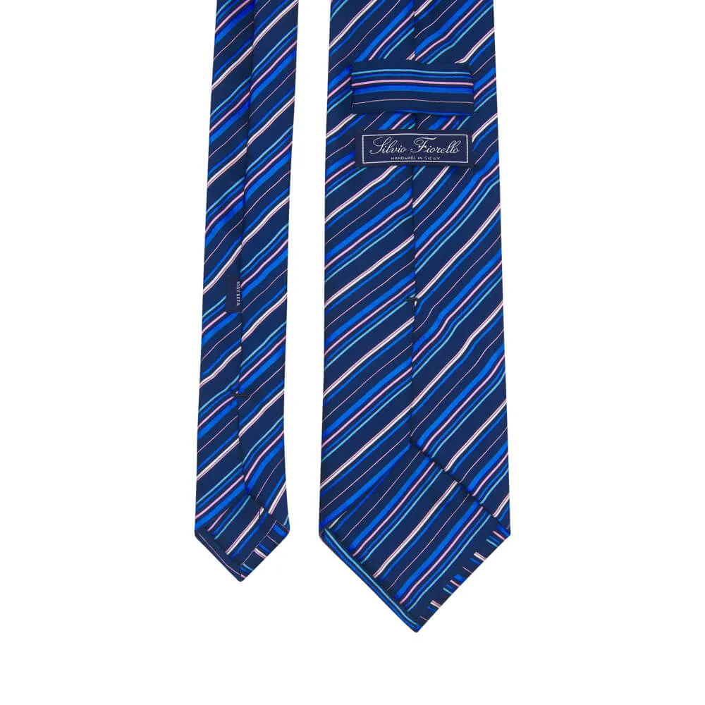 Blue Pink White Stripes Silk Tie