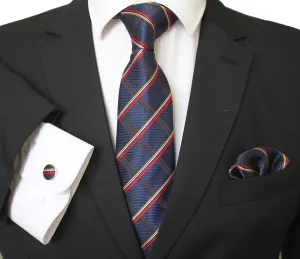 Blue Red Gold Stripes Designer Silk Floral Necktie with Matching Cufflinks & Pocket Square Set for Men