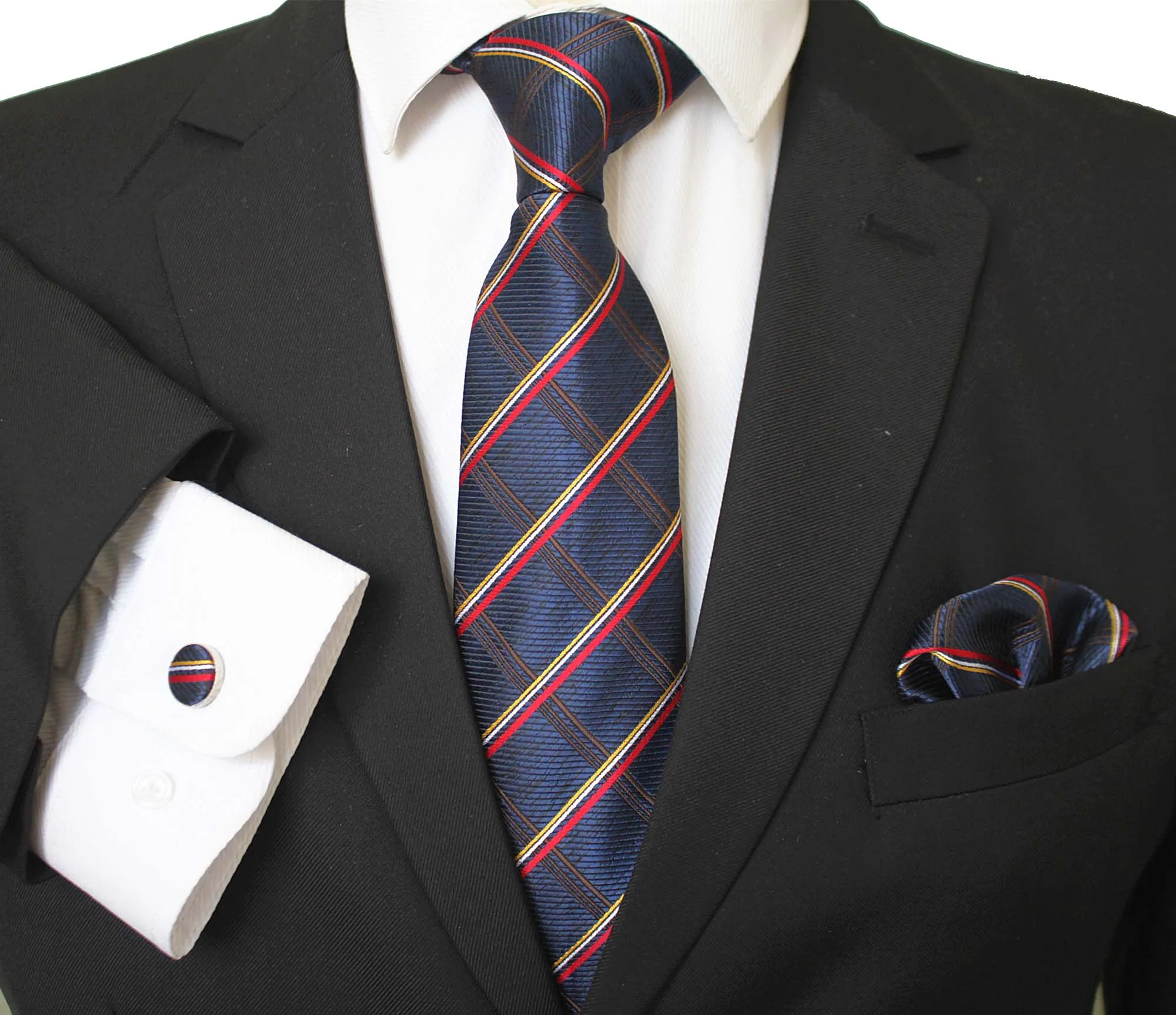 Blue Red Gold Stripes Designer Silk Floral Necktie with Matching Cufflinks & Pocket Square Set for Men
