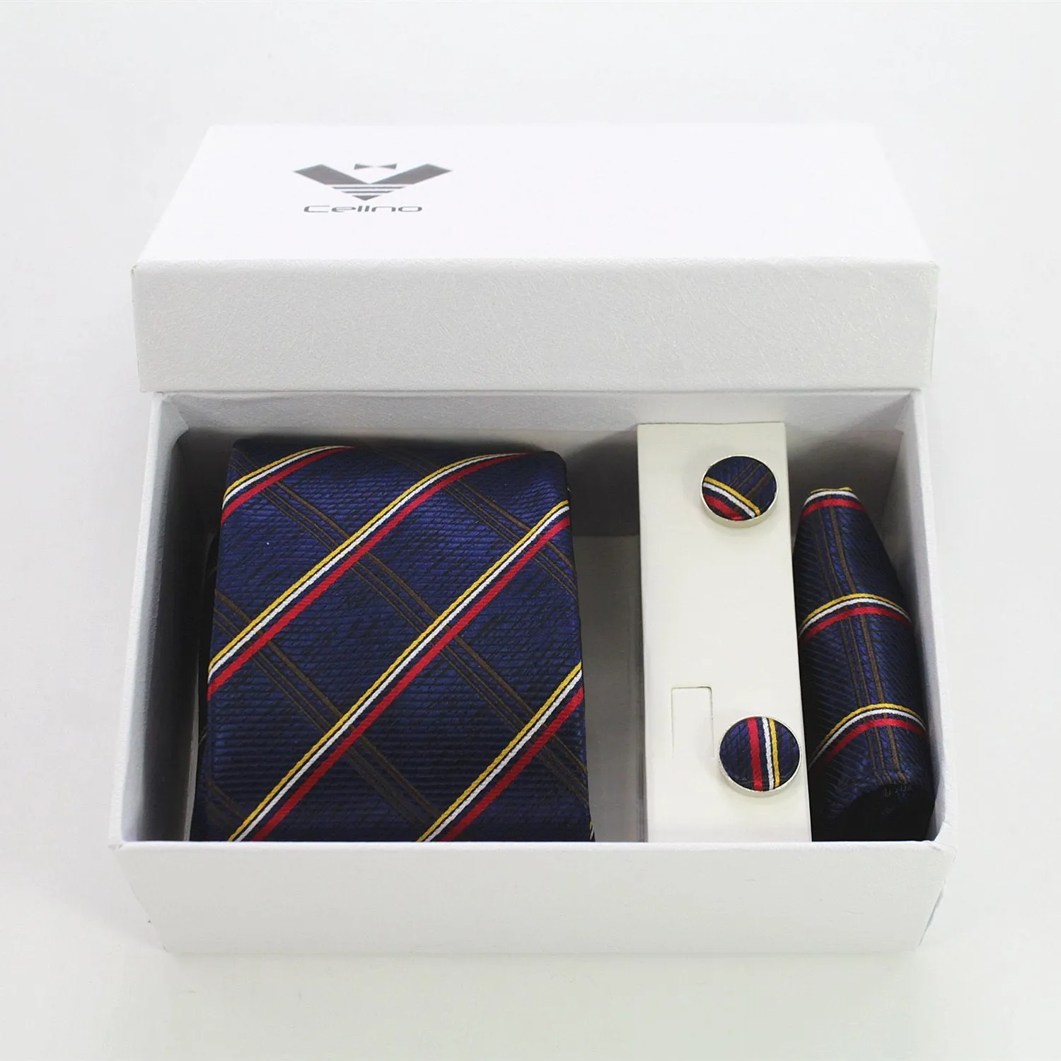 Blue Red Gold Stripes Designer Silk Floral Necktie with Matching Cufflinks & Pocket Square Set for Men
