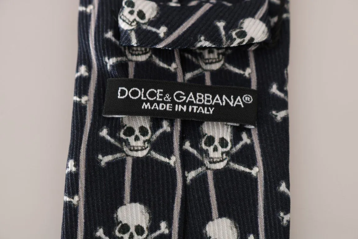 Blue Silk Skull Striped Print Tie