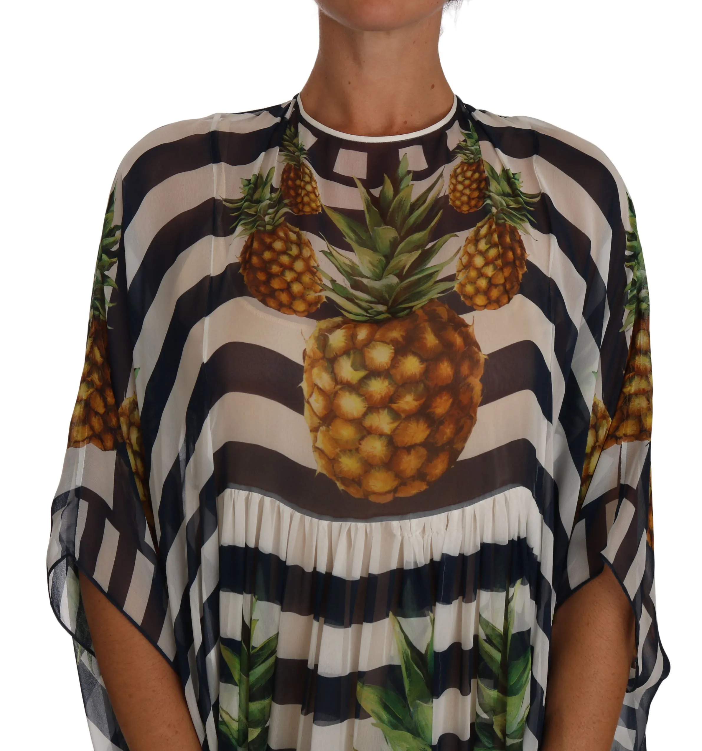 Blue White Silk Striped Pineapple Tunic Gown Maxi Dress