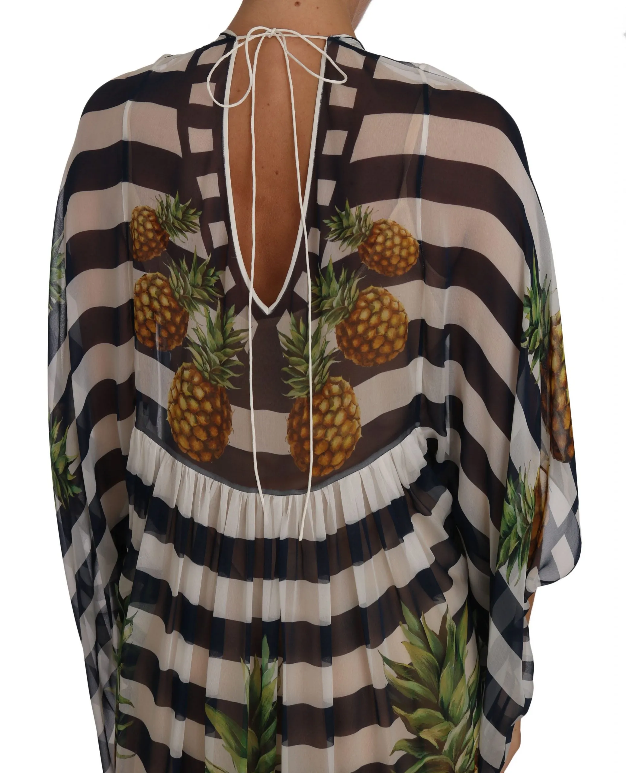 Blue White Silk Striped Pineapple Tunic Gown Maxi Dress