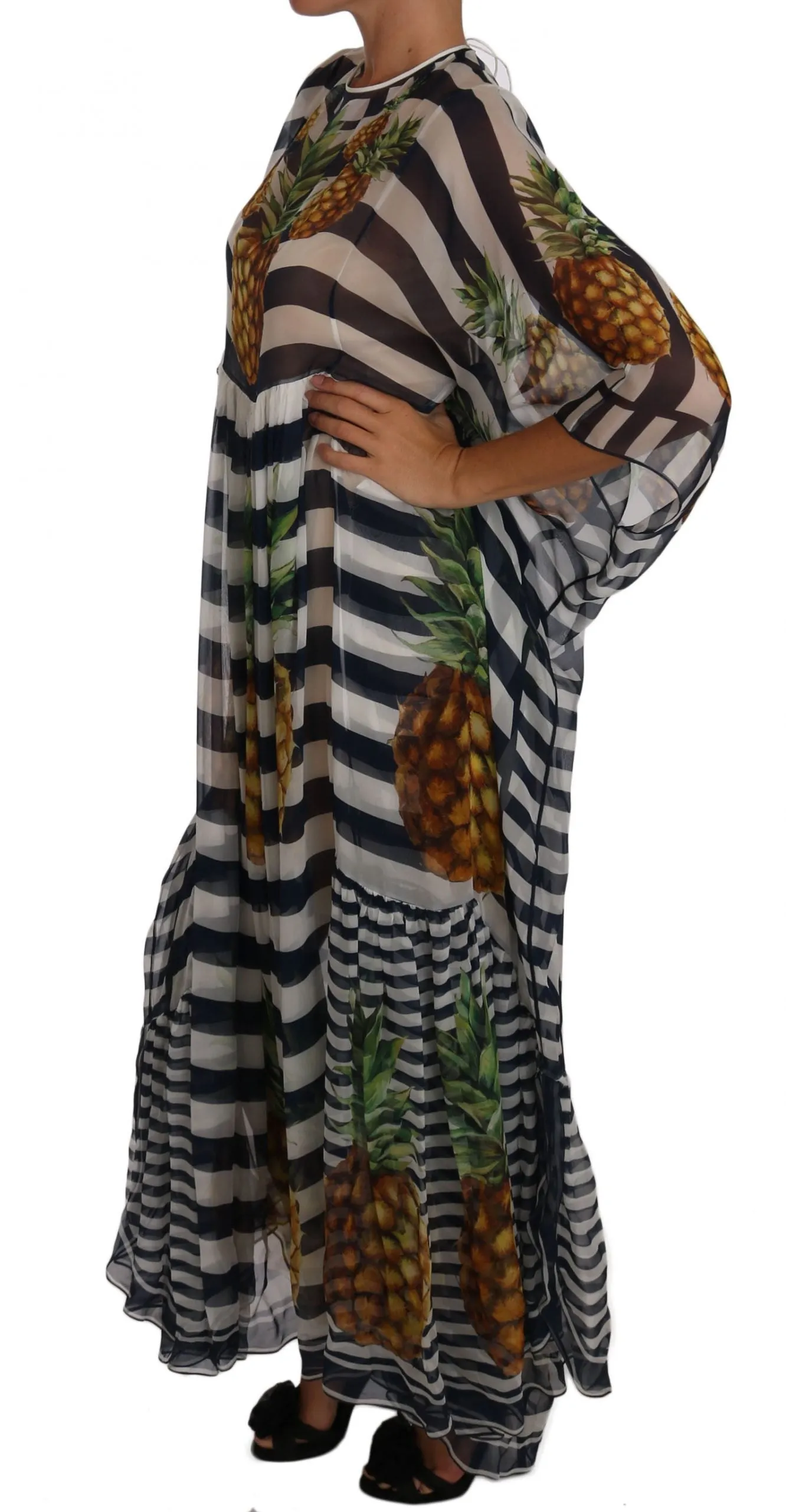 Blue White Silk Striped Pineapple Tunic Gown Maxi Dress
