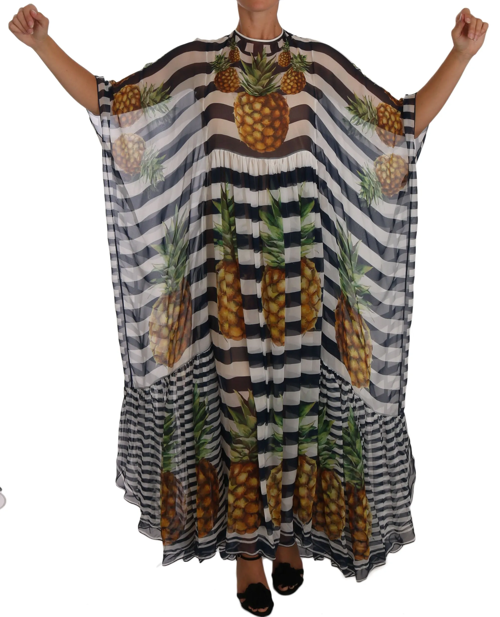Blue White Silk Striped Pineapple Tunic Gown Maxi Dress