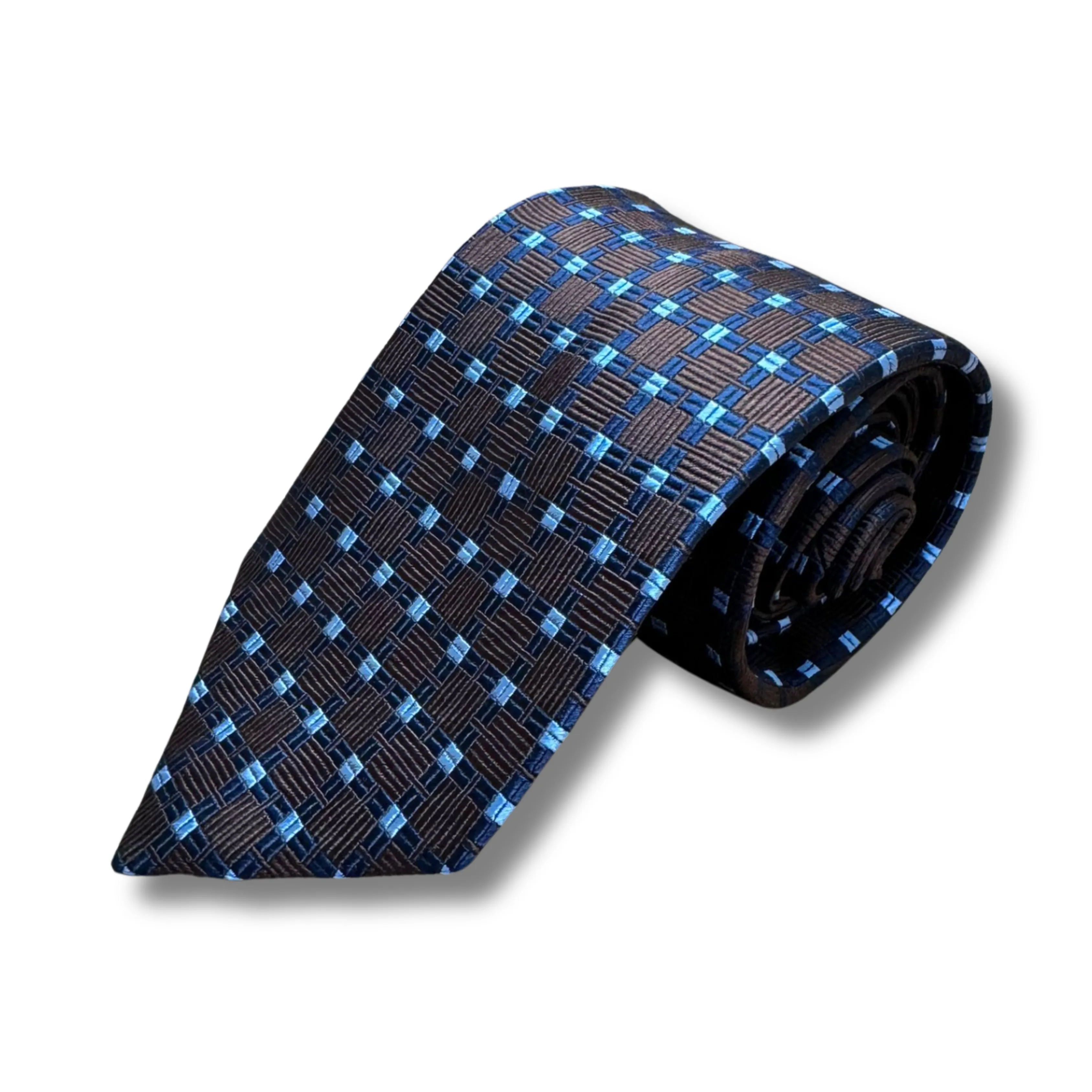 Brown & Blue Chequered Woven Silk Tie Hand Finished