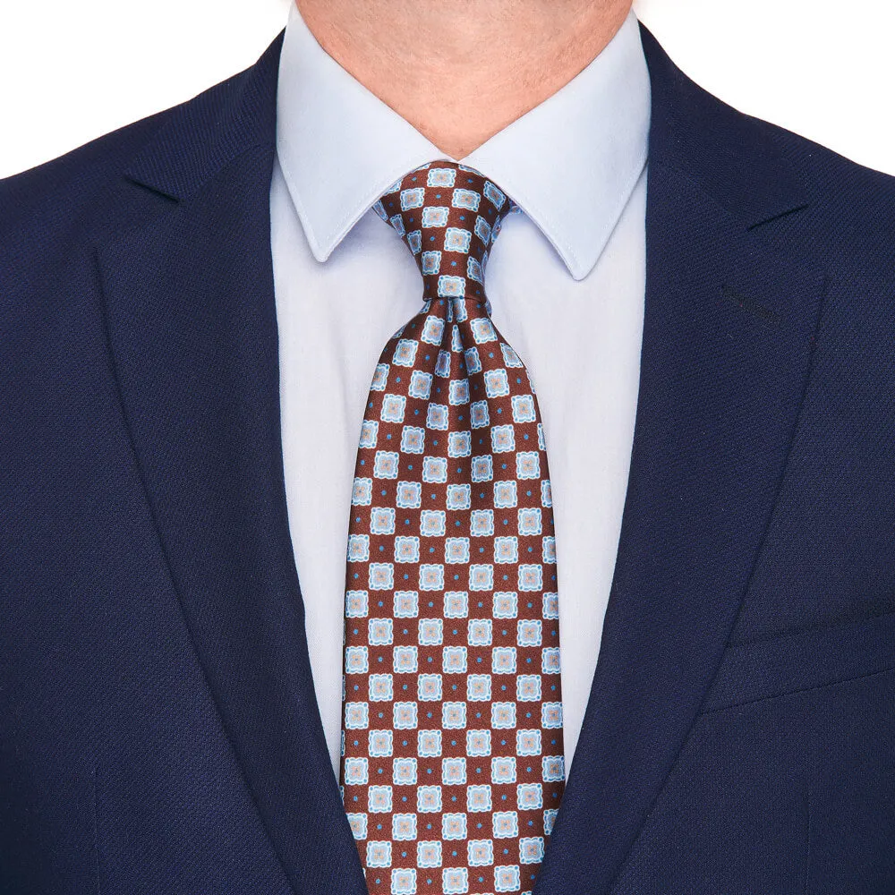 Brown and Light Blue Medallion Silk Tie
