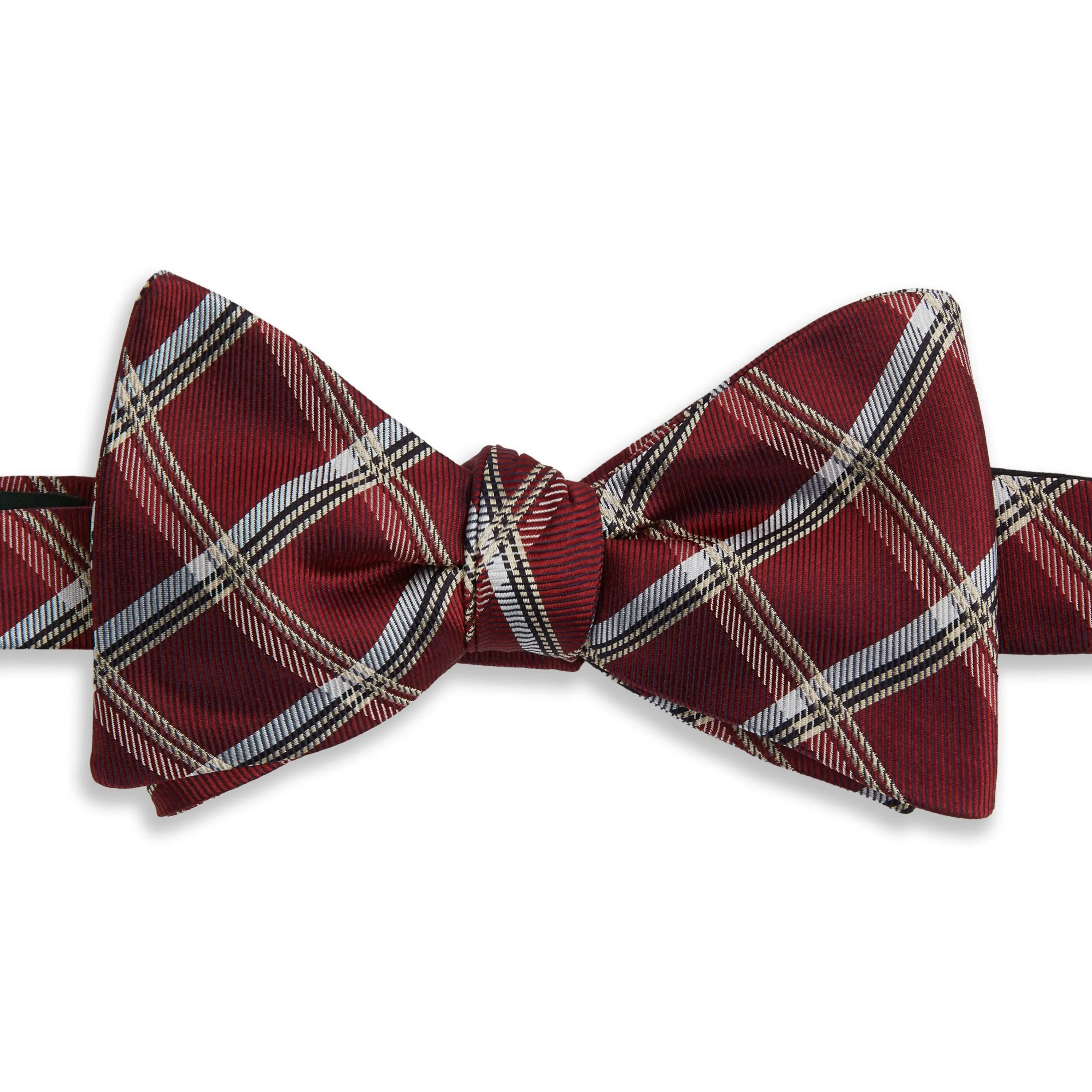 Burgundy Plaid Check Woven Silk Self Bow Tie