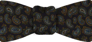 Burnt Orange, Brown, Sky Blue & Off-White on Midnight Blue Ground Pattern Challis Wool Bow Tie #CHPBT-7