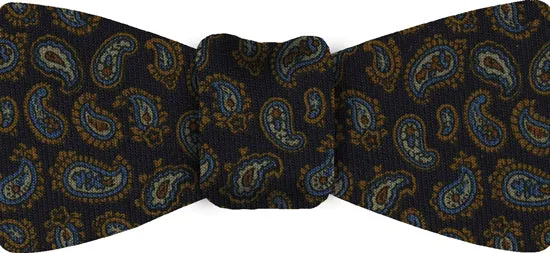 Burnt Orange, Brown, Sky Blue & Off-White on Midnight Blue Ground Pattern Challis Wool Bow Tie #CHPBT-7