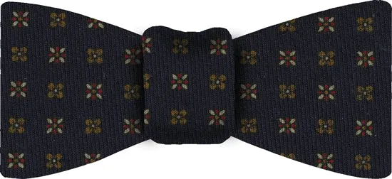 Burnt Orange, Red & Off-White on Midnight Blue Ground Pattern Challis Wool Bow Tie #CHPBT-1