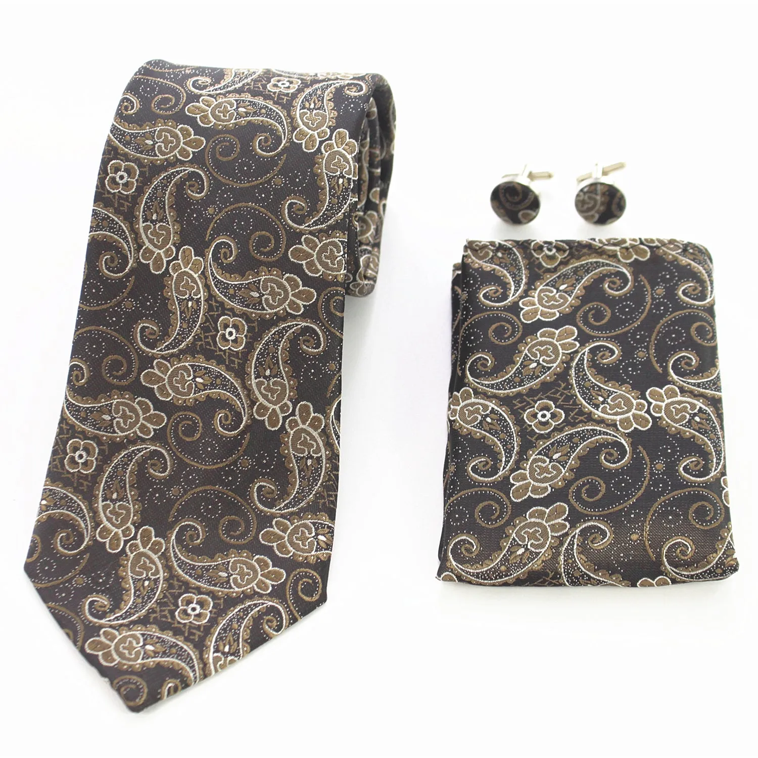 Celino Brown White Paisley Silk Necktie with Cufflinks & Pocket Square for Men