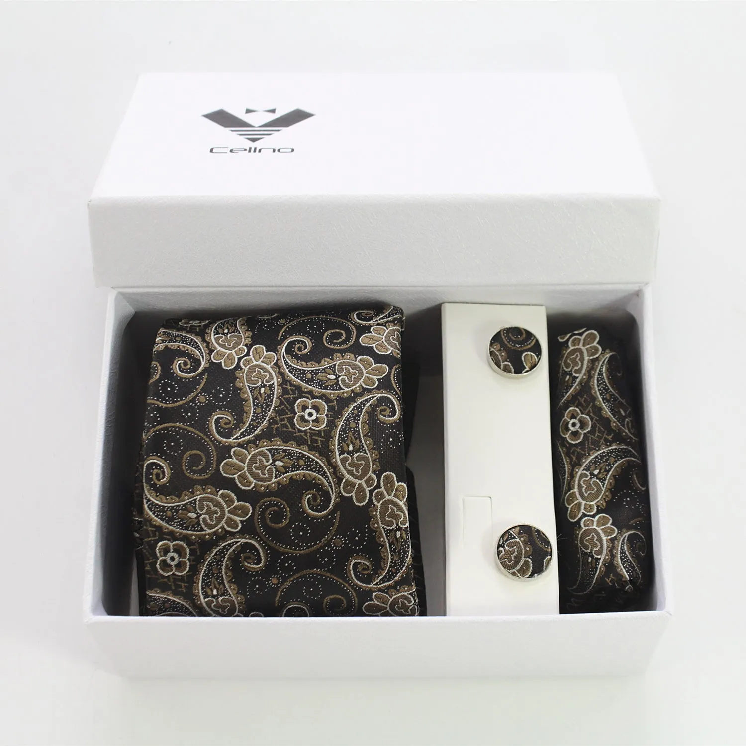 Celino Brown White Paisley Silk Necktie with Cufflinks & Pocket Square for Men