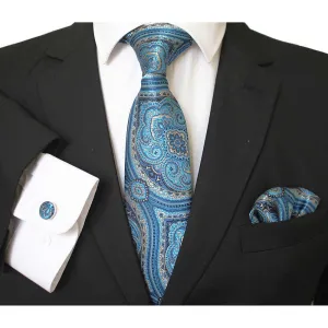 Celino Turquoise Blue Silk Necktie with Cufflinks & Pocket Square for Men