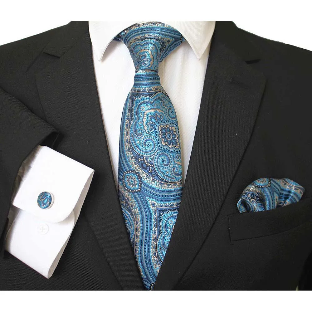 Celino Turquoise Blue Silk Necktie with Cufflinks & Pocket Square for Men