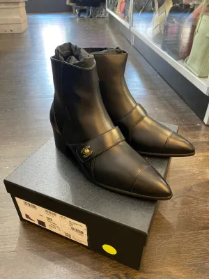 Chanel Black Leather Pointed Toe Gold Turnlock Side Zip Ankle Bootie