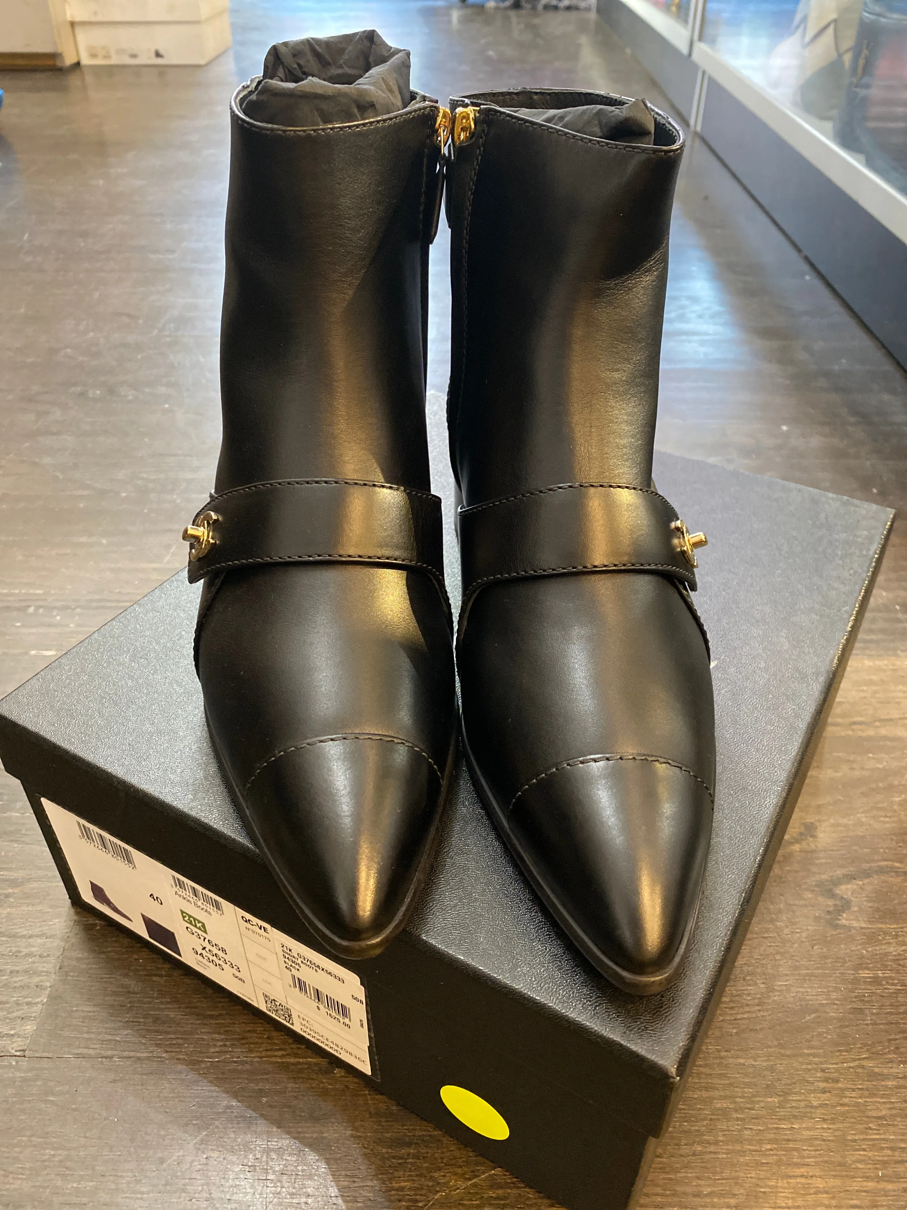 Chanel Black Leather Pointed Toe Gold Turnlock Side Zip Ankle Bootie