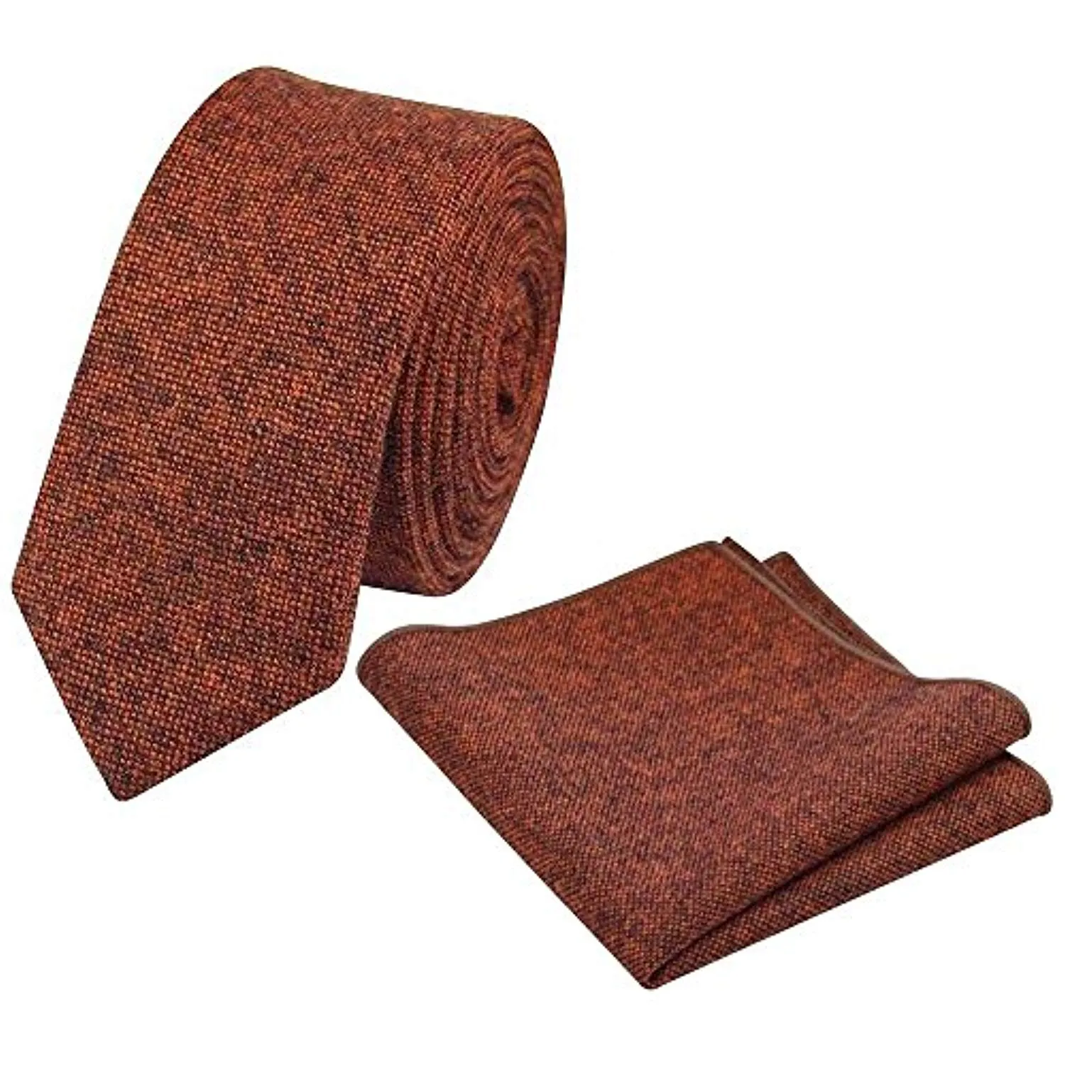 Charlie Burnt Orange Skinny Tweed Tie & Pocket Square with Navy Blue Polka Dot Adult Braces Set