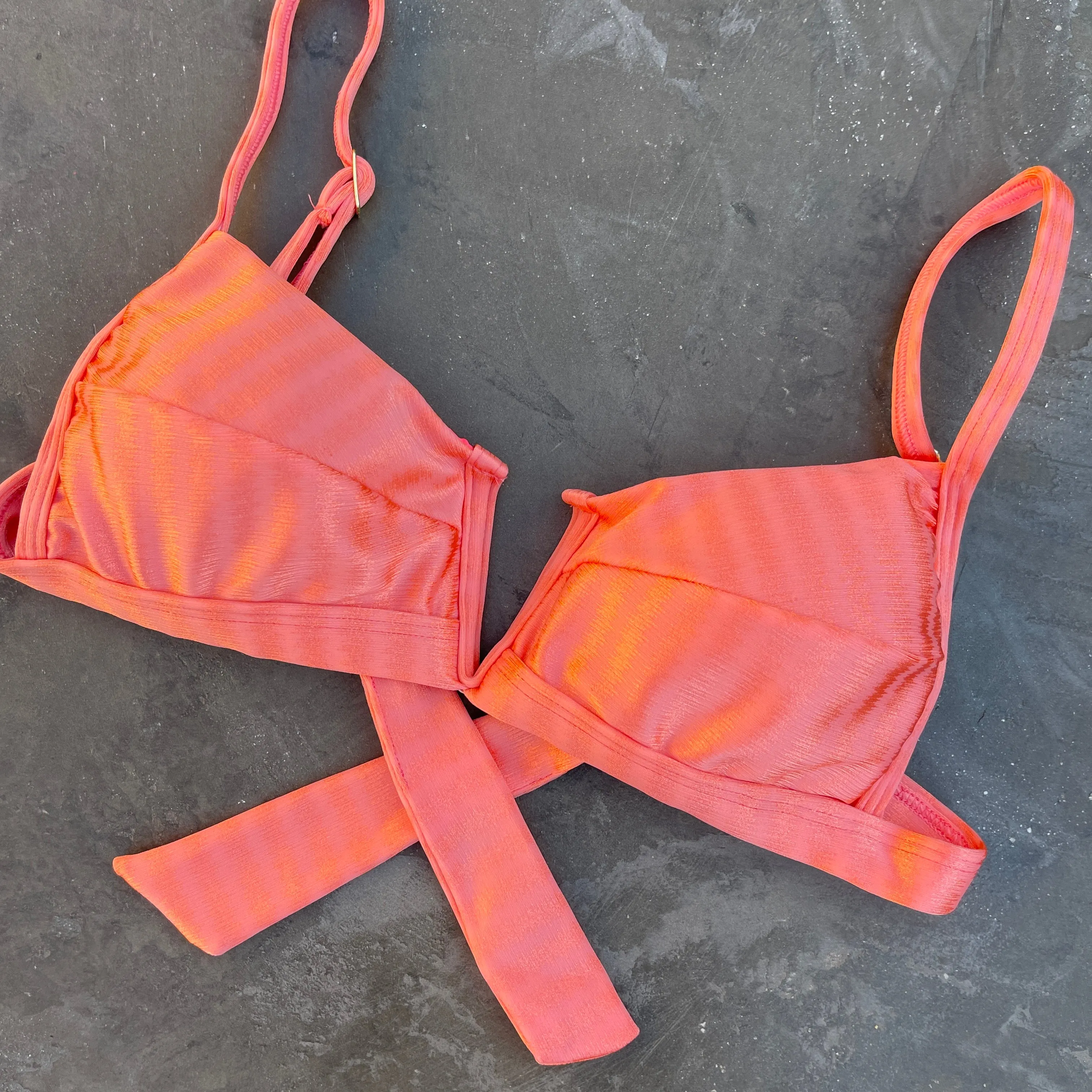 Coral Striped Squared V Bikini Top