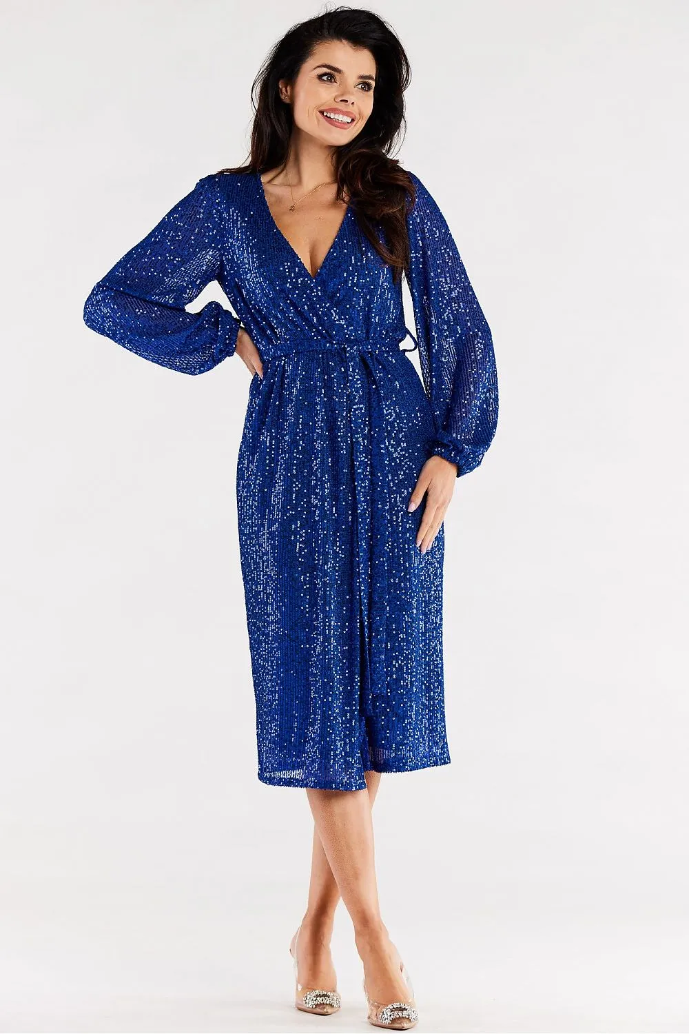 Crinkled Sleeve Tie Midi Dress