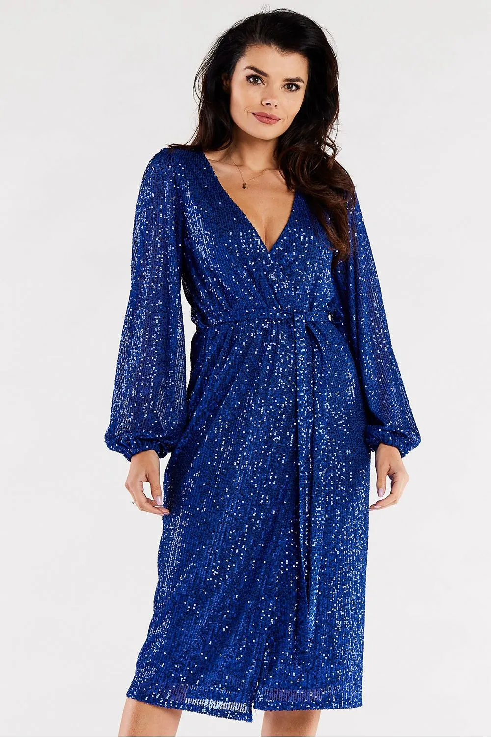Crinkled Sleeve Tie Midi Dress