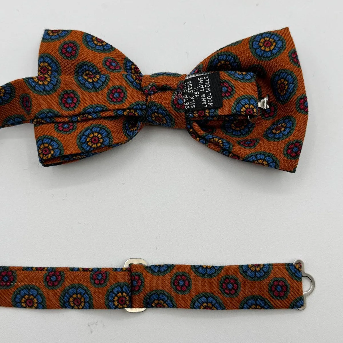 Cruciani & Bella Bow Ties - Printed Silk and Wool  - Rust, Light Blue, Red and Yellow  motif#8787