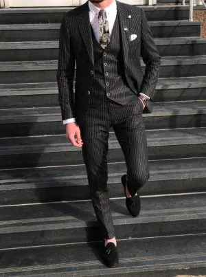 Custom Black Three-Piece Suit for Men - White Striped Wedding & Engagement Attire