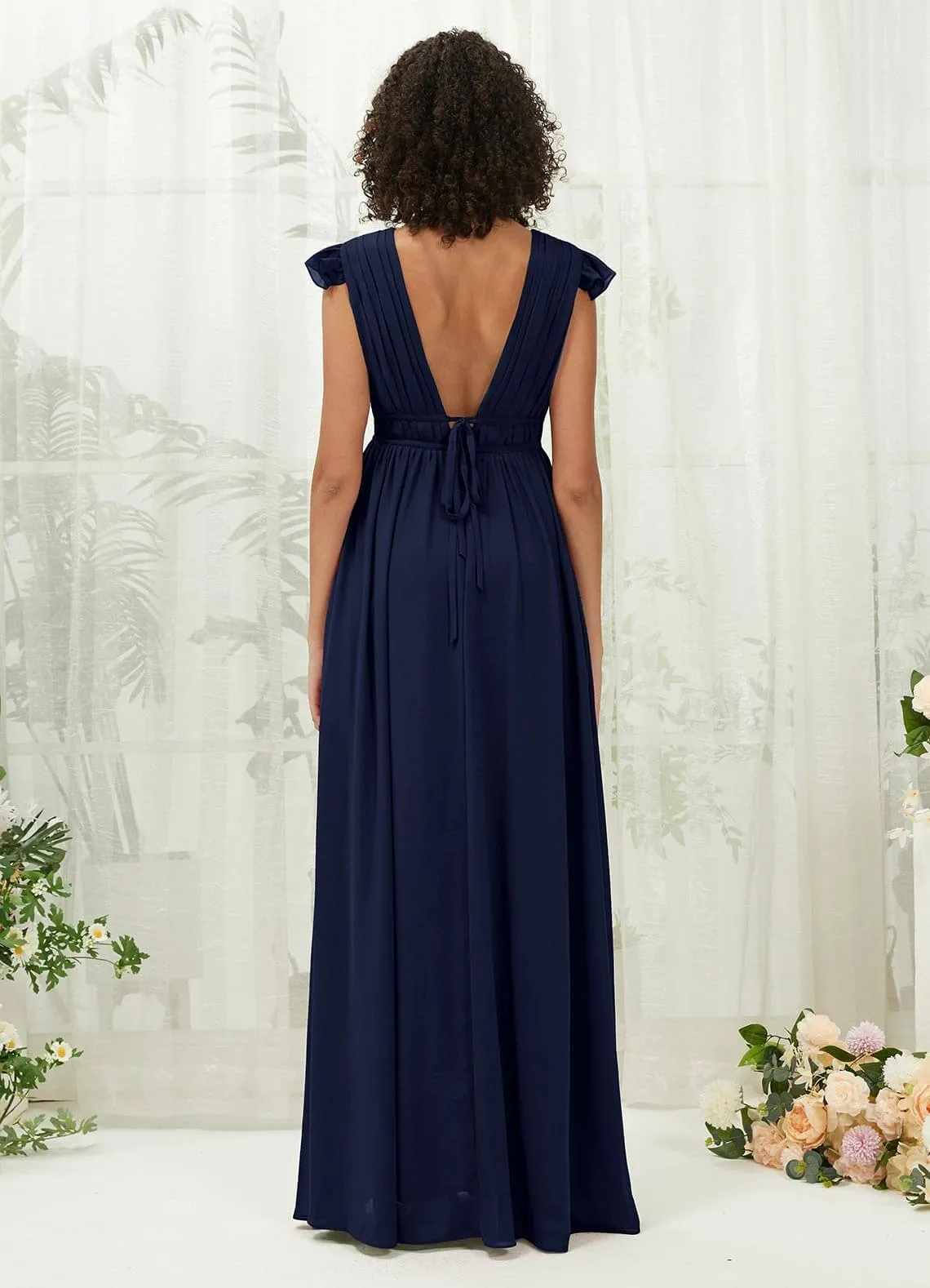 Dark Navy Cap Sleeves Pleated V-Neck Chiffon Maxi Bridesmaid Dress